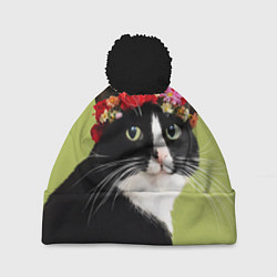 Шапка с помпоном Кот и цветы, цвет: 3D-черный