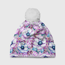 Шапка с помпоном Анемоны - цветочный ковер, цвет: 3D-белый