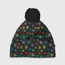 Шапка с помпоном Разноцветные Снежинки, цвет: 3D-черный