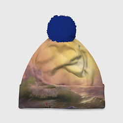 Шапка с помпоном Шторм в море девятый вал, цвет: 3D-тёмно-синий