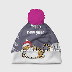 Шапка с помпоном Happy New Year 2022 Тигр, цвет: 3D-малиновый