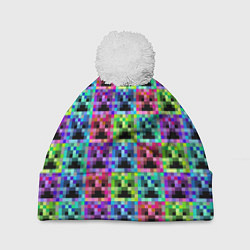 Шапка с помпоном МАЙНКРАФТ MINECRAFT ЦВЕТНЫЕ КРИПЕРЫ, цвет: 3D-белый