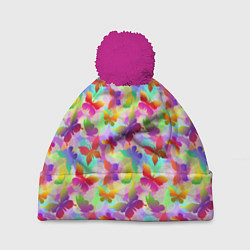 Шапка с помпоном Разноцветные Бабочки Color, цвет: 3D-малиновый
