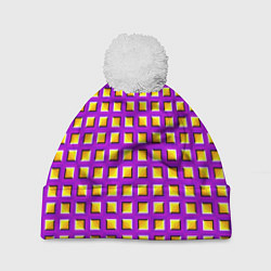 Шапка с помпоном Фиолетовый Фон с Желтыми Квадратами Иллюзия Движен, цвет: 3D-белый
