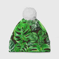 Шапка с помпоном Тропические листья на темном фоне, цвет: 3D-белый