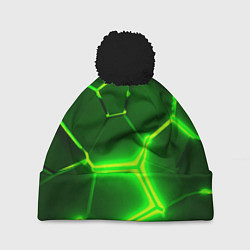 Шапка с помпоном 3D ПЛИТЫ НЕОН NEON GREEN HEXAGON РАЗЛОМ, цвет: 3D-черный
