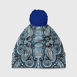 Шапка с помпоном Абстрактный узор в дудл стиле Рисунок от руки Лини, цвет: 3D-тёмно-синий