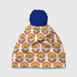 Шапка с помпоном ЦВЕТЫ В СТИЛЕ 70х, цвет: 3D-тёмно-синий