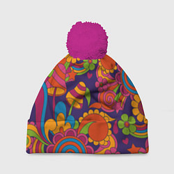 Шапка с помпоном Психоделический сюжет, цвет: 3D-малиновый