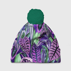 Шапка с помпоном Цветы Яркие Тропики, цвет: 3D-зеленый
