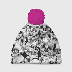 Шапка с помпоном Чёрно белые черепа и маки, цвет: 3D-малиновый