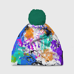 Шапка с помпоном Брызги и мазки разноцветных красок на белом фоне, цвет: 3D-зеленый