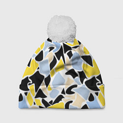 Шапка с помпоном Абстрактный узор в желто-голубых тонах на черном ф, цвет: 3D-белый