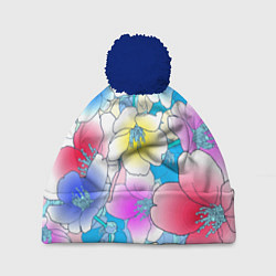 Шапка с помпоном Летний цветочный паттерн Fashion trend 2025, цвет: 3D-тёмно-синий