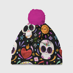 Шапка с помпоном Веселые черепа в цветах, цвет: 3D-малиновый