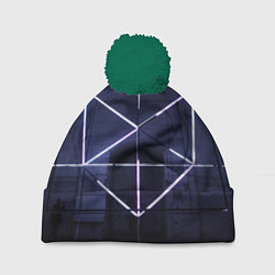 Шапка с помпоном Неоновый прерывистый куб во тьме - Фиолетовый, цвет: 3D-зеленый