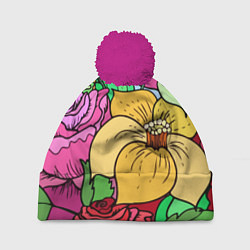 Шапка с помпоном Красочные летние цветы Fashion trend, цвет: 3D-малиновый