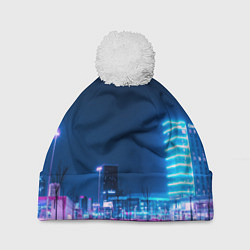 Шапка с помпоном Неоновый ночной город - Светло-синий, цвет: 3D-белый