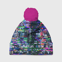 Шапка с помпоном Ночной город - glitch, цвет: 3D-малиновый