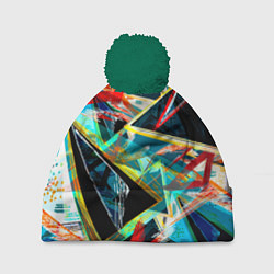 Шапка с помпоном Яркий абстрактный узор с неоновыми штрихами, цвет: 3D-зеленый