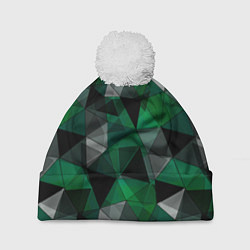 Шапка с помпоном Зеленый, серый и черный геометрический, цвет: 3D-белый