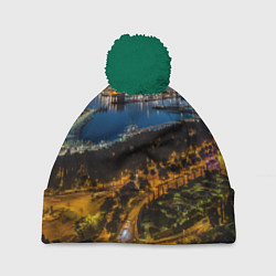 Шапка с помпоном Ночной город с высоты, цвет: 3D-зеленый