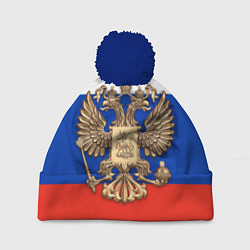 Шапка c помпоном Герб России на фоне флага