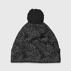 Шапка с помпоном Белые контуры тропических листьев на черном, цвет: 3D-черный