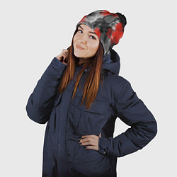 Шапка с помпоном Черно-красная абстрактная текстура акварели, цвет: 3D-черный — фото 2