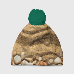Шапка с помпоном Ракушки на песчаном берегу, цвет: 3D-зеленый