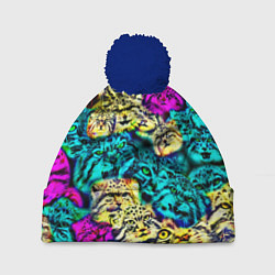 Шапка с помпоном Психоделические манулы, цвет: 3D-тёмно-синий