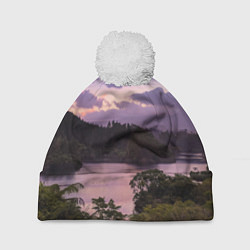 Шапка с помпоном Пейзаж вечерней реки и леса, цвет: 3D-белый