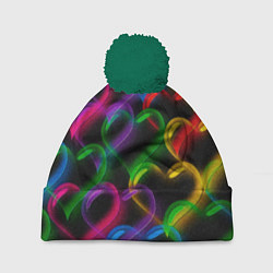 Шапка с помпоном Граффити - неоновые сердца, цвет: 3D-зеленый