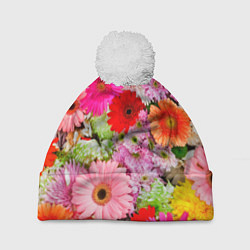 Шапка с помпоном Colorful chrysanthemums, цвет: 3D-белый
