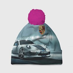 Шапка с помпоном Porsche - racing route - motorsport, цвет: 3D-малиновый