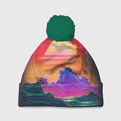 Шапка с помпоном Синтвейв неоновые горы на закате, цвет: 3D-зеленый