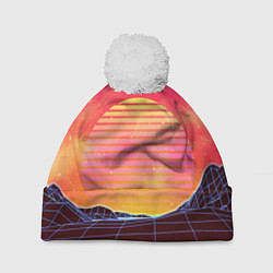 Шапка с помпоном Абстрактные 3D неоновые горы на закате, цвет: 3D-белый