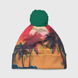 Шапка с помпоном Пальмы и пляж на закате с помехами VHS ретро дизай, цвет: 3D-зеленый