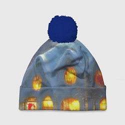 Шапка с помпоном Сказочный зимний домик, покрытый снегом, цвет: 3D-тёмно-синий