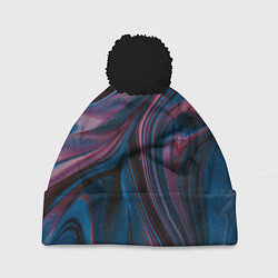 Шапка с помпоном Абстрактные фиолетовые и синие волны с блёстками, цвет: 3D-черный