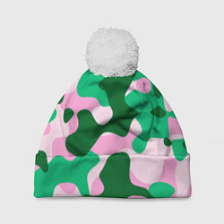 Шапка с помпоном Абстрактные зелёно-розовые пятна, цвет: 3D-белый