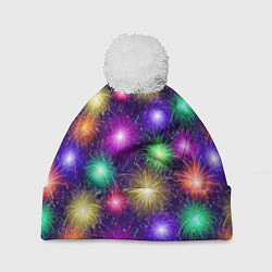 Шапка с помпоном Праздничный салют - фейерверк, цвет: 3D-белый