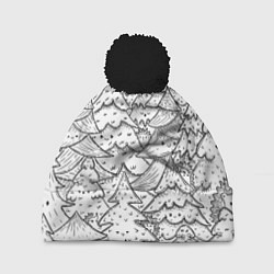 Шапка с помпоном Раскраска ежи в еловом лесу, цвет: 3D-черный