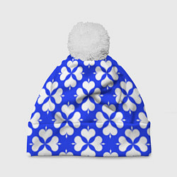 Шапка с помпоном Четырехлистный клевер синий, цвет: 3D-белый