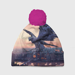 Шапка с помпоном Футуристичный город с металлической птицей, цвет: 3D-малиновый