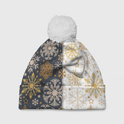 Шапка с помпоном Рождественские милые золотые снежинки, цвет: 3D-белый