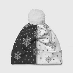 Шапка с помпоном Рождественские снежинки на черно-белом фоне, цвет: 3D-белый