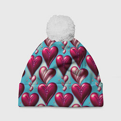 Шапка с помпоном Паттерн красные абстрактные сердца, цвет: 3D-белый