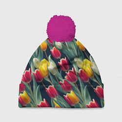 Шапка с помпоном Много тюльпанов, цвет: 3D-малиновый