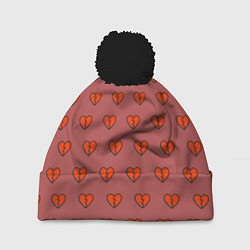 Шапка с помпоном Разбитые сердца на бордовом фоне, цвет: 3D-черный